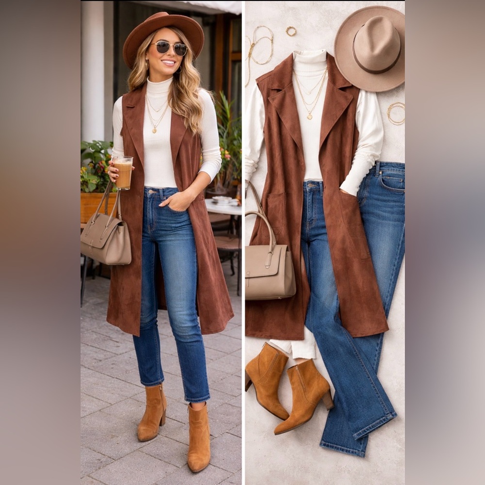 NWT Joan Vass Chocolate Brown Long Faux Leather Boho Western Duster Vest